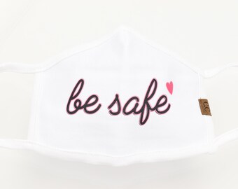 Authentic CC Beanie Face Mask - White with "Be Safe" and Heart