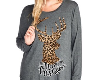 Charcoal Leopard Deer Merry Christmas Shirt *Plus Size*