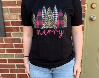 Hot Pink Leopard, Plaid and Herringbone Merry t-shirt