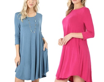 3/4 Sleeve A-Line Dress with Pockets