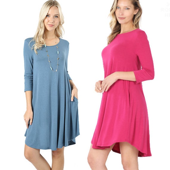 3/4 Sleeve A-line Dress With Pockets - Etsy