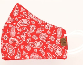 Authentic CC Beanie Face Mask -    Red & White Paisley with filter pocket