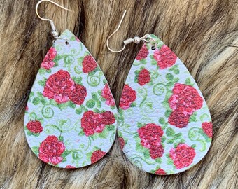 White Faux Leather Earrings with Red Roses #7