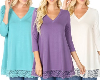 3/4 Length Sleeve Lace Trim Tunic Top