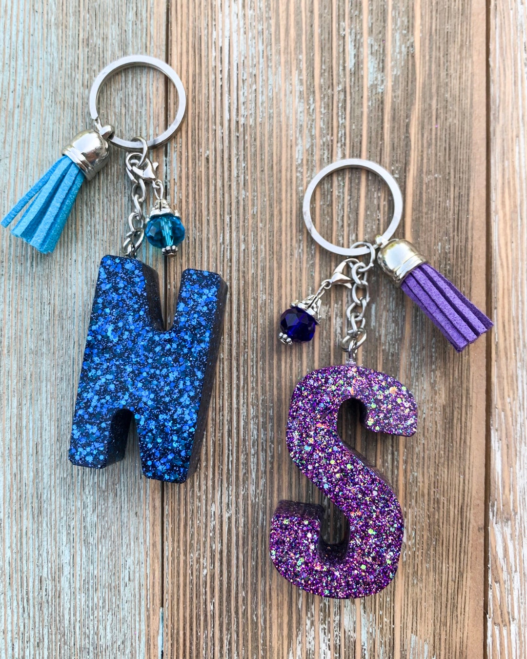 Personalized Glitter Initial Keychain Plain or With Tassel and Crystal