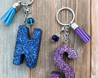 Personalized Glitter Initial Keychain Plain or With Tassel and Crystal Bead