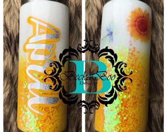 Custom Sunflower and Dragonfly Glitter Tumbler
