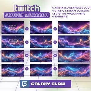 Superposiciones de pantallas de transmisión de Twitch de color morado, fondos de VTuber animados de neón galáctico, superposiciones acogedoras para Twitch, paneles de alertas de transmisión, paquete de transmisión...