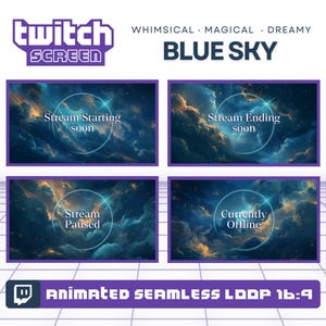 Pacchetto di sovrapposizioni di schermate di streaming Twitch blu, sfondi animati VTuber, set di sovrapposizioni Twitch accoglienti, pannelli di avvisi di streaming, widget di grafica di streaming.