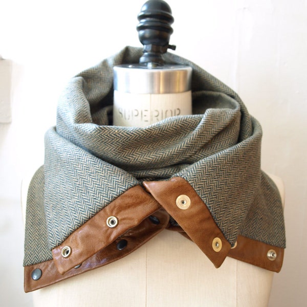 Olive green herringbone  Chunky wool circular infinity scarf