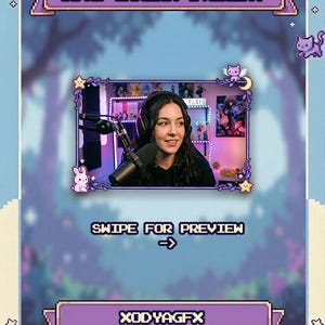 May include: A digital overlay design with a pixelated aesthetic. The design features a central frame with a person wearing headphones and a microphone. The text "CUTE CAMERA OVERLAY" and "SWIPE FOR PREVIEW" are displayed. The design includes cartoon cats and stars.
