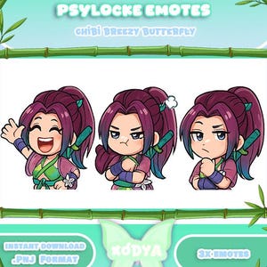 Peut inclure: Illustration numérique de trois personnages chibi aux cheveux violets et aux détails verts, exprimant chacun une émotion différente. Le texte comprend "PSYLOCKE EMOTES" et "CHIBI BREEZY BUTTERFLY". Le texte supplémentaire indique "TÉLÉCHARGEMENT INSTANTANÉ" et "3X EMOTES".