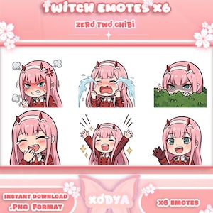 May include: A set of six digital Twitch emotes featuring the character Zero Two in chibi style. The emotes display various expressions including anger, crying, peeking from bushes, laughing, cheering, and waving. Text reads TWITCH EMOTES X6.