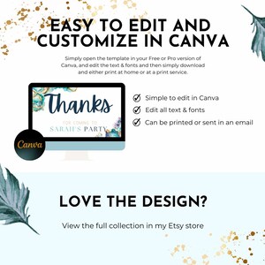 May include: A digital mockup of a computer screen showing a printable "Thanks" card with a teal and aqua watercolor background. The text "Thanks for coming to Salah's Party" is on the card. The text "Easy to edit and customize in Canva" is above the mockup. The text "Love the design? View the full collection in my Etsy store" is below the mockup.