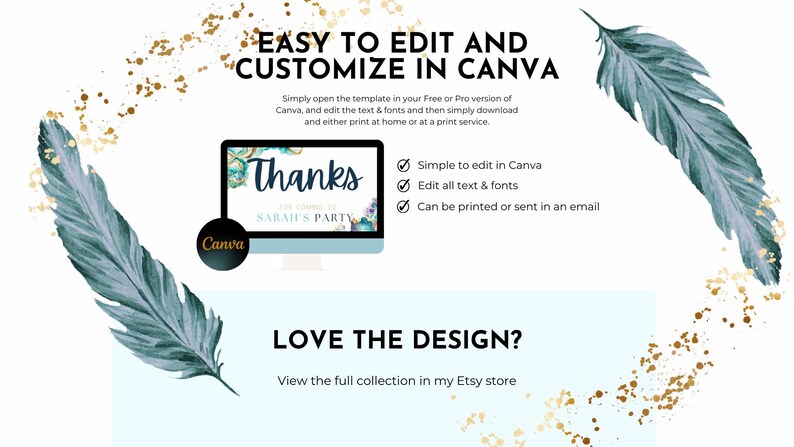 May include: A digital mockup of a computer screen showing a printable "Thanks" card with a teal and aqua watercolor background. The text "Thanks for coming to Salah's Party" is on the card. The text "Easy to edit and customize in Canva" is above the mockup. The text "Love the design? View the full collection in my Etsy store" is below the mockup.