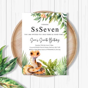 May include: A green and white birthday invitation with a cartoon snake and the text "Turning SsSeven. You are invited to a hiss-terical good time at Sam's Seventh Birthday. Saturday 25th July from 2:30pm. Cotswold Wildlife Park & Garden, Burford, OX17 6JP. RSVP to Sloth Mama Sarah at 07894646862 by 8th July."