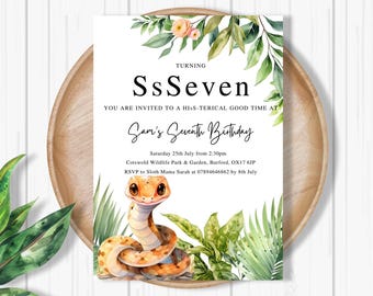 Cute Snake Birthday Invitation, Baby Snake 7th Birthday Invite Printable, Kids Birthday Invitation, Jungle Party, Animals Birthday