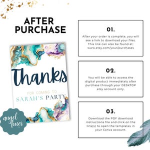 May include: A digital printable thank you card with a blue, green, and gold abstract design. The text on the card reads "Thanks for coming to Sarah's Party".