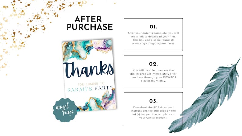 May include: A digital printable thank you card with a blue, green, and gold abstract design. The text on the card reads "Thanks for coming to Sarah's Party".