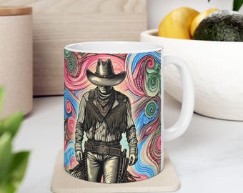 Psychedelische Cowboy-Keramiktasse, Trippy Western-Dekor, 15 Unze