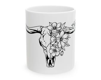 Western Floral Bull Skull Keramikbecher, Boho Cowgirl Decor