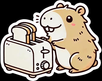 May include: A cartoon sticker featuring a hamster and a toaster. The hamster is light brown with a pink cheek and is looking at the toaster. The toaster is white with two slices of bread inside. The sticker has a black outline.