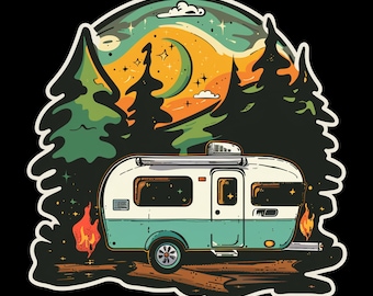 Retro Camper Vinyl Sticker, Waterproof Nature Scene