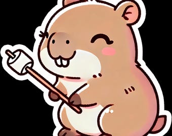 May include: A cartoon illustration of a smiling, light brown groundhog holding a marshmallow on a stick. The groundhog has pink cheeks, a white belly, and a white outline. The background is black.