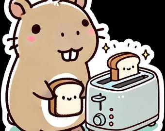 May include: A cartoon illustration of a hamster holding a slice of toast next to a toaster. The toaster has a slice of toast popping out. The hamster is light brown with pink cheeks and a happy expression.