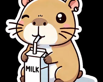 May include: A cute cartoon illustration of a brown rodent winking and drinking from a carton of milk. The carton is white with the word "MILK" printed on it. The rodent has pink cheeks and whiskers.