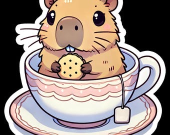 Funny Capybara in Teacup Sticker, Waterproof Laptop Decal