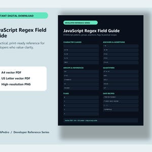正規表現チートシート（印刷可能）、JavaScript正規表現リファレンスポスター、開発者向けコーディングPDF