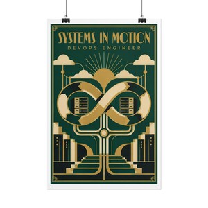 May include: A vertical poster featuring a dark green background with gold accents. The text reads SYSTEMS IN MOTION DEVOPS ENGINEER. A central infinity loop graphic contains server icons, surrounded by stylized clouds, a sun, and geometric stairs.