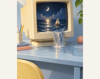 Moonlit Monitor Printable Wall Art, Surreal Ocean Computer, Surreal Tech Digital Download