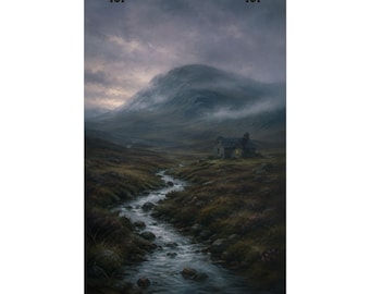 Remote Cottage Art Print, Misty Moorland Bothy Landscape, Moody Blue Nature Wall Decor, Unframed 12 x 18 Inch