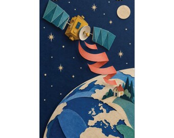 Satellite Earth Art Print, Layered Paper Style, Paper Collage Tech Wall Decor, Unframed 12 x 18 Inch