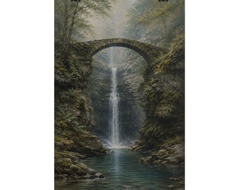 Stone Bridge Art Print, Forest Waterfall Landscape, Moody Woodland Nature Wall Decor, Unframed 12 x 18 Inch