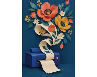 Flower Printer Art Print, Layered Paper Style, Paper Collage Tech Wall Decor, Unframed 12 x 18 Inch