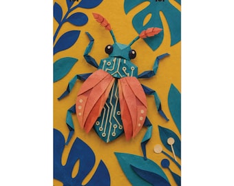 Circuit Beetle Art Print, Layered Paper Style, Paper Collage Tech Wall Decor, Unframed 12 x 18 Inch
