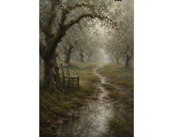 Pear Orchard Art Print, Empty Chair Garden Landscape, Rustic Green Cottage Wall Decor, Unframed 12 x 18 Inch