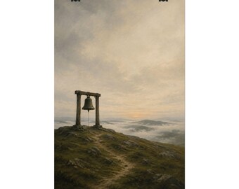 Hilltop Bell Art Print, Misty Mountain Sunrise Landscape, Calm Neutral Nature Wall Decor, Unframed 12 x 18 Inch