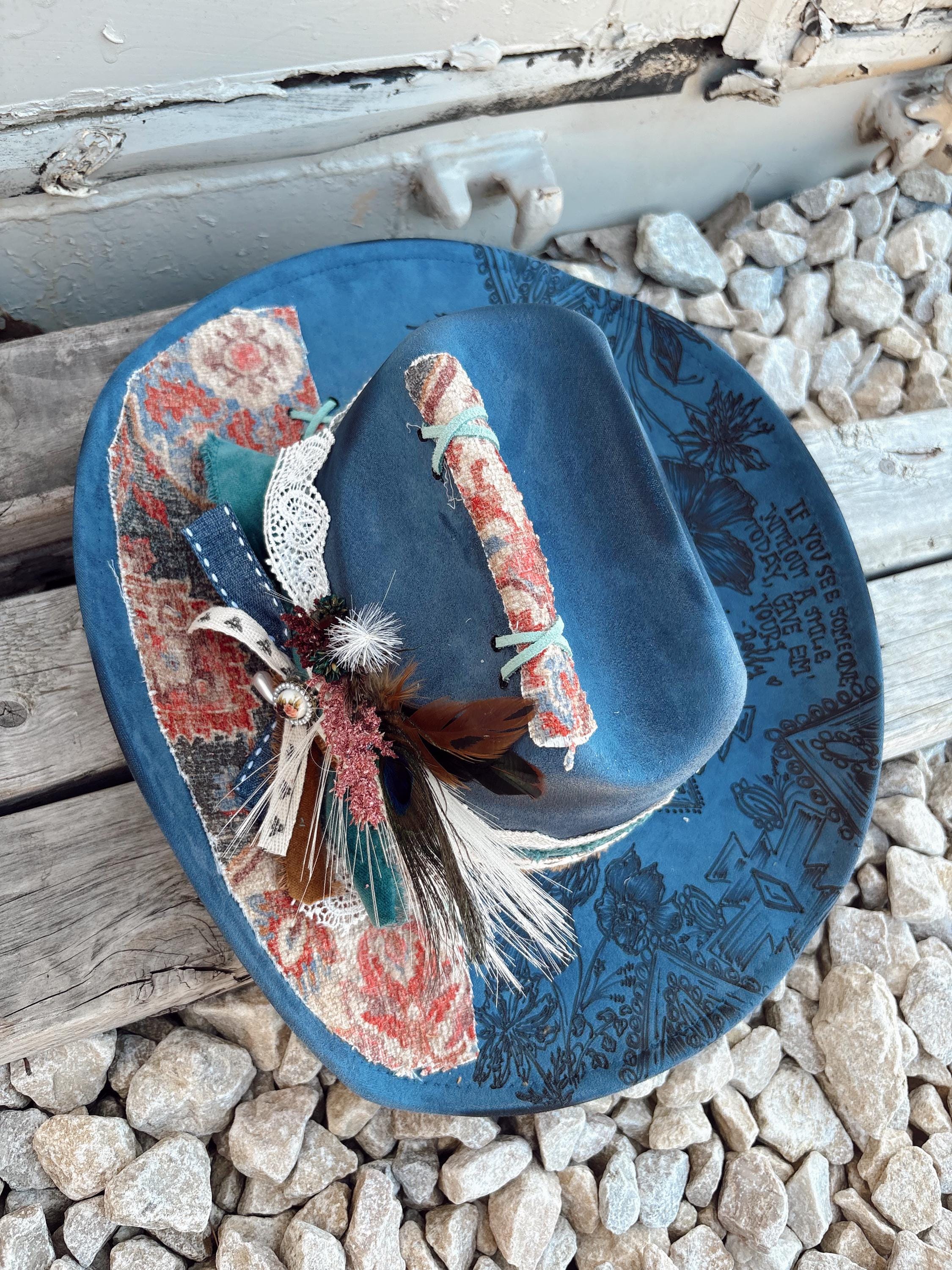 Wild Flower Dolly Inspired Aztec Floral Turquoise Burned Hat