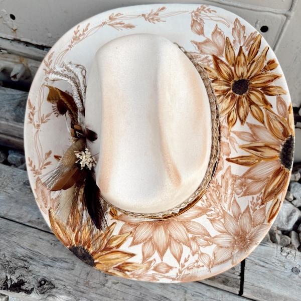 Sunflower Tan Half Burned Half Painted Cowgirl Hat | Fall Western Rustic Sunflower Design | Brown and Plaid Accents | Western Floral