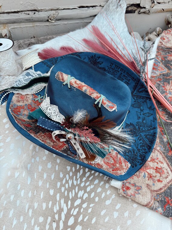 Wild Flower Dolly Inspired Aztec Floral Turquoise Burned Hat