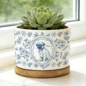 May include: A white ceramic planter with a blue floral pattern and a central oval frame containing an illustration of a pug dog and the name Max. The planter holds a green succulent and sits on a circular wooden base.