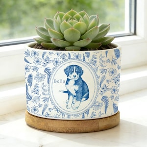 Könnte beinhalten: Weißer Keramik-Pflanztopf mit blauem Blumendesign und einer blau-weißen Illustration eines Welpen namens Bella. Der Topf enthält eine grüne Sukkulentenpflanze und steht auf einem Holzsockel.