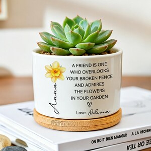 May include: A white ceramic cylindrical planter with a bamboo base containing a green succulent. The planter features a yellow daffodil illustration and the text: A FRIEND IS ONE WHO OVERLOOKS YOUR BROKEN FENCE AND ADMIRES THE FLOWERS IN YOUR GARDEN.