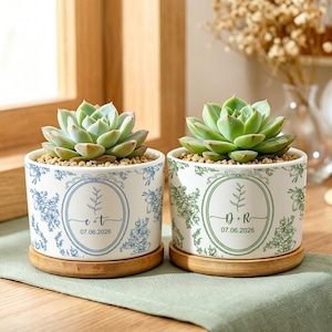 May include: Two cylindrical ceramic planters with bamboo saucers, each containing a green succulent. The left planter features blue floral patterns and the text 'c + t 07.06.2026'. The right planter has green floral patterns and 'D + R 07.06.2026'.
