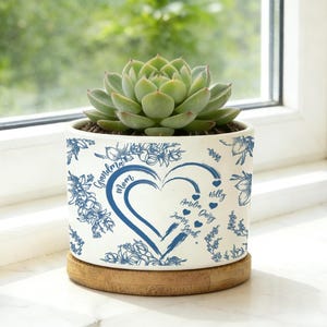 Puede incluir: Una maceta de cerámica blanca con un diseño floral azul y las palabras "Abuela" y "Mamá" en forma de corazón. Contiene una planta suculenta verde y descansa sobre un posavasos de madera. Los nombres están escritos dentro del corazón.