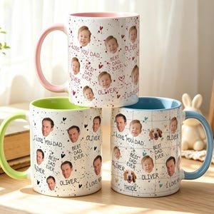 Pode incluir: Três canecas de cerâmica com impressões fotográficas personalizadas, texto lendo I LOVE YOU DAD, BEST DAD EVER e OLIVER. Uma caneca tem alça e interior rosa, uma verde-limão e uma azul-clara.
